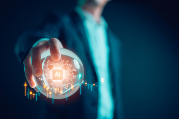 businessman holding crystal ball with virtual ai and graph icon in concept of Trading with AI technology, Digital transformation technology strategy, IoT, internet of things