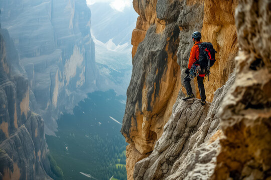 A climber equipped with gear stands on a cliff edge, overlooking a mountainous valley, embodying adventure and exploration