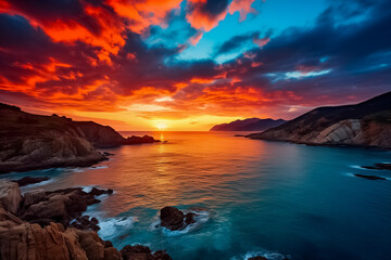 Fototapeta premium Breathtaking sunset over a serene ocean with vivid orange and blue skies, highlighting the dramatic coastal landscape