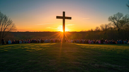 A serene Easter sunrise service held outdoors with a congregation gathered around a wooden cross soft morning light illuminating the scene. - obrazy, fototapety, plakaty