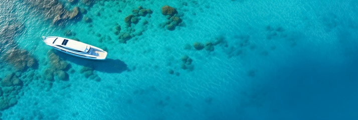 Aerial view of a solitary boat over clear turquoise waters, showcasing luxury tropical travel or summer vacation concept
