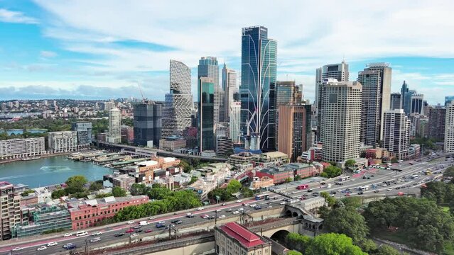 Sydney, Australia: Aerial view of skyscraper skyline of Sydney central business district (CBD) in capital city of Australian state of New South Wales and most populous city in Australia