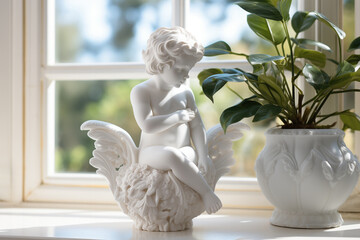 Obraz premium A serene white angel figurine beside a potted plant on a sunny window ledge, conveying a peaceful, ethereal atmosphere