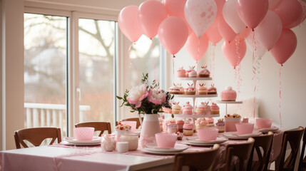 Elegant pink-themed party setup with balloons, floral centerpiece, and a dessert table suggesting a birthday or baby shower celebration