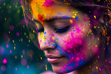 woman with holi powder on her face - celebrating the festival of colors