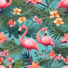 Tropical Flowers, Leaves, and Flamingos Seamless Pattern, Summery Background Design