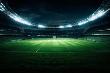 Spotlight Dreams, Empty Soccer Stadium Bathed in Night Lights