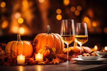 Elegant autumnal table setting with pumpkins, wine glasses, candles, and fall leaves, suggestive of a festive Thanksgiving celebration
