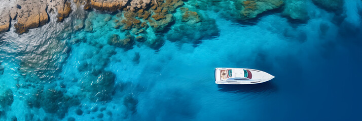 Aerial view of a white luxury boat on clear blue waters near a rocky coast, depicting leisure or...