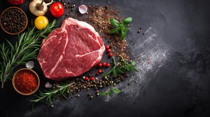 fresh pork steaks and seasonings for marinade top view