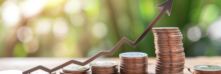 Stacks of coins in ascending order with an overlaid arrow indicating growth on a nature-inspired, bokeh background, representing financial success or investment growth
