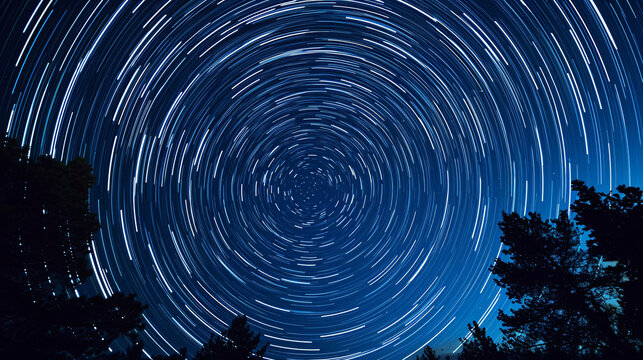 A star trail photograph showing the circular motion of stars around the North Star.