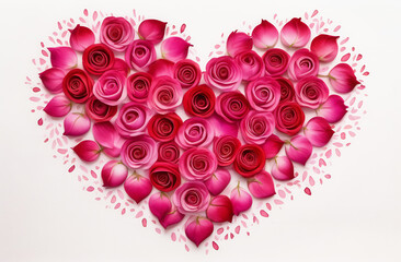Heart of pink buds and rose petals on a white background. Valentine's Day. Love. Postcard.