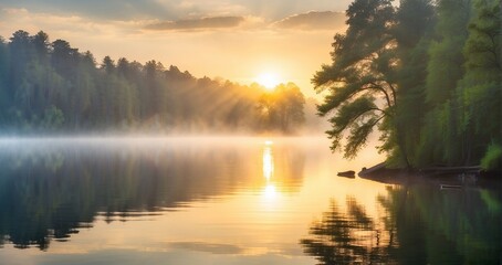 A misty morning on the serene lake, with the sun peeking through the trees and casting a warm glow on the tranquil waters - Generative AI