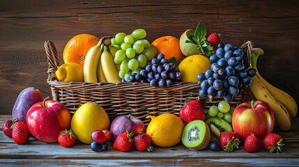A vibrant display of assorted fruits arranged in a rustic wooden basket placed on a weathered oak table.