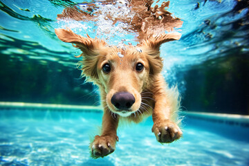 A cute dog underwater in a pool - obrazy, fototapety, plakaty