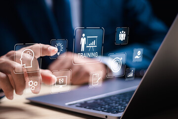 Training online for business, Businessman using laptop in webinar Video tutorials to increase business skills, teaching, learn knowledge, experience and skills.