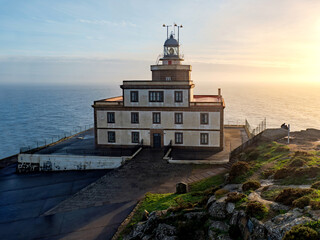 Fototapeta na wymiar Finisterre Cape Lighthouse, Costa da Morte, Galicia, Spain. One of the most famous Lighthouse in Western Europe. Last stage in the Camino de Santiago.