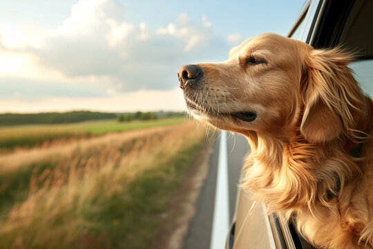 A Golden Retriever Dog On A Roadtrip, Hannging His Head Out The Window Of A Car