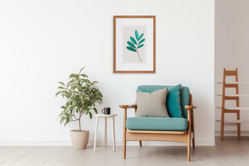 Cadeira de madeira com almofada nas cores turquesa em com uma mesa pequena ao lado e um quadro decorativo com uma arte abstrata na cor turquesa e parede branca - Decoração moderna natural - obrazy, fototapety, plakaty