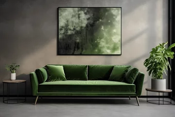 Foto op Plexiglas Sofá verde e ao fundo um quadro com uma arte abstrata verde na parede cinza de cimento queimado  © vitor