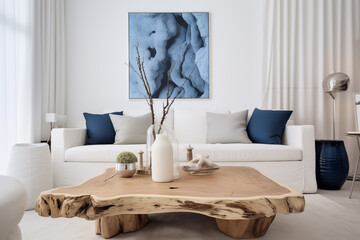 Sala de estar com sofa branco com 6 almofadas nas cores cinza e azul e no centro uma mesa de madeira natural com itens decorativos em cima e ao fundo uma parede branca com um quadro decorativo azul. - obrazy, fototapety, plakaty