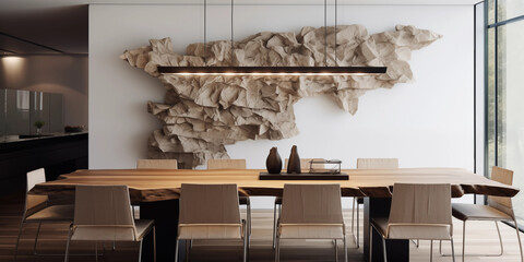 Uma mesa de jantar de madeira natural com cadeiras bege e sobre a mesa uma iluminaria de teto comprida e ao fundo uma parede de pedras com relevo 