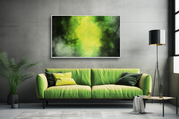 Sofá verde e ao fundo um quadro com uma arte abstrata verde na parede cinza de cimento queimado 