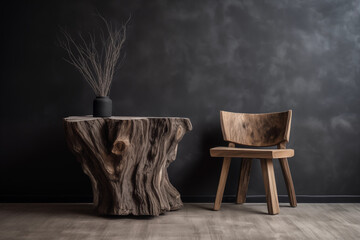 Uma cadeira e uma mesa pequena de madeira bruta e natural escura e ao fundo uma parede preta.