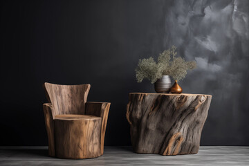 Uma cadeira e uma mesa pequena de madeira bruta e natural escura e ao fundo uma parede preta. - obrazy, fototapety, plakaty