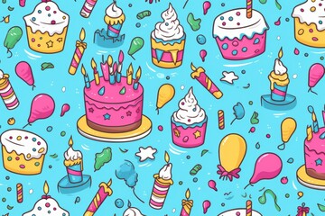 Cartoon cute doodles of birthday cake slices, confetti, and balloons creating a lively and joyful seamless pattern, Generative AI
