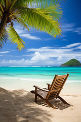 wooden deck chair on the background of the ocean beach.