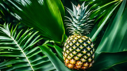 pineapple on lush green leafy background 