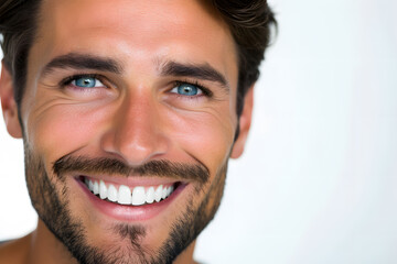 Handsome man  laughing and smiling close up portrait. Healthy face skin care beauty, dental.