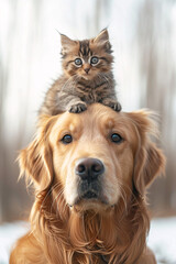 A golden retriever with a kitten on it's head, cute animal freindship
