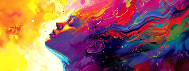 painting of a woman with long hair, colorful digital painting, psychedelic dream, hallucination - obrazy, fototapety, plakaty