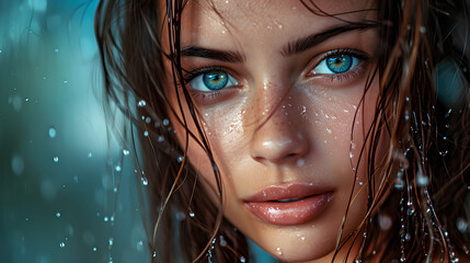 Portrait of a young, alluring girl with wet hair, exuding beauty and allure.