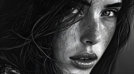 The girl pencil drawing. A charcoal drawing. Black-and-white portrait of a girl. Fashion. Beautiful portrait of a girl.