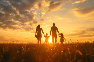 Silhouette of a happy family walking through nature during sunset