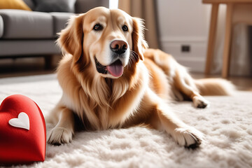 A golden retriever dog lies on the floor in the living room and holds a soft toy in the shape of a heart with its paws. Valentines Day with your beloved pet concept. Festive banner for a pet store.