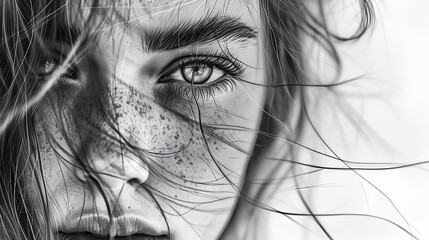 The girl pencil drawing. A charcoal drawing. Black-and-white portrait of a girl. Fashion. Beautiful portrait of a girl.