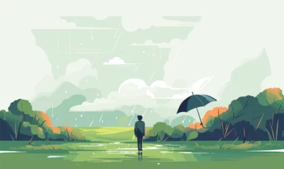 Fotobehang A girl with an umbrella nearby. Landscape in the rain. Vector illustration © Илля Вакулко