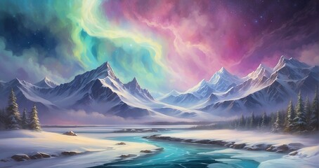 A scene of a majestic aurora borealis painting elegant hues over a snowy landscape, evoking a sense of enchanting beauty - Generative AI