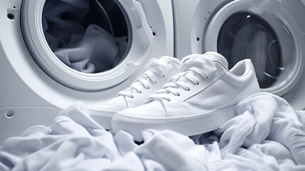 White sneakers in a washing machine