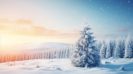Winter blue landscape. Spruce tree in deep snow on mountain clearing on cold sunny day on copy space background of cloudy sky.