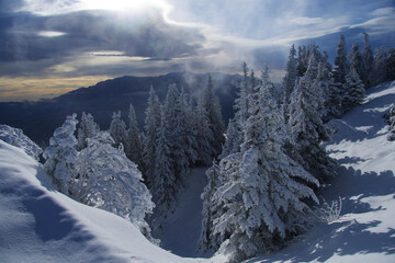 snow covered mountains, Postavaru Mountains, Romania