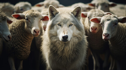 Wolf in a flock of sheep with wool clothing. Wolf pretending to be a sheep concept. - obrazy, fototapety, plakaty