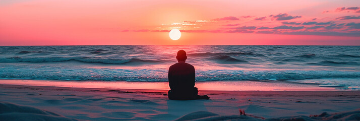 A person sitting on the sand, watching the sun dip below the horizon, and taking in the calming colors of a beach sunset.
