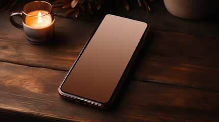 Smartphone with blank screen on a wooden table with a burning candle