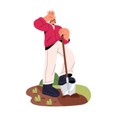 Tired gardener cultivates soil by spade. Farm worker digs patches. Farmer works with shovel on garden, kailyard. Summer activities in country. Flat isolated vector illustration on white background